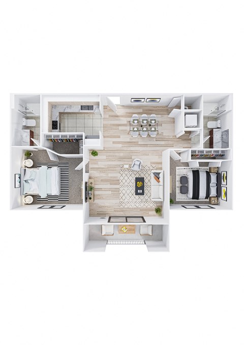 Floor plan for 2 beds, 2 baths, 1038 sqft